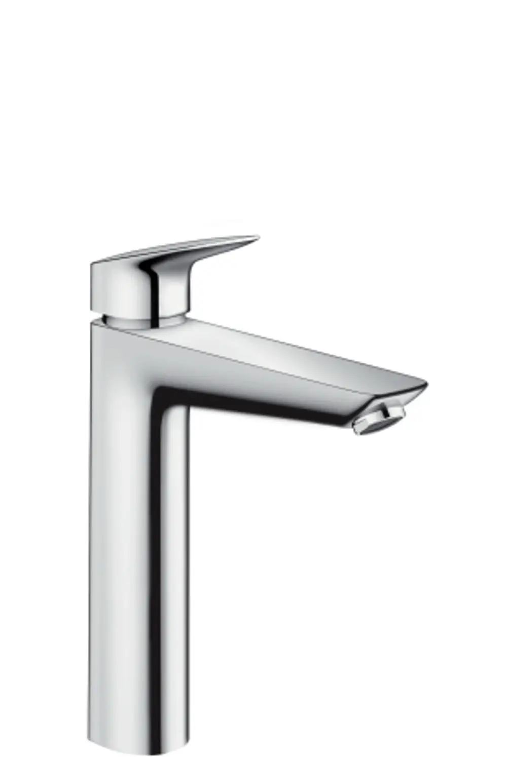 Ein Einhebel-Waschtischmischer aus verchromtem Material von Hansgrohe mit einem auslaufenden Wasserhahn und einem Hebel zur Temperatur- und Durchflussregelung.